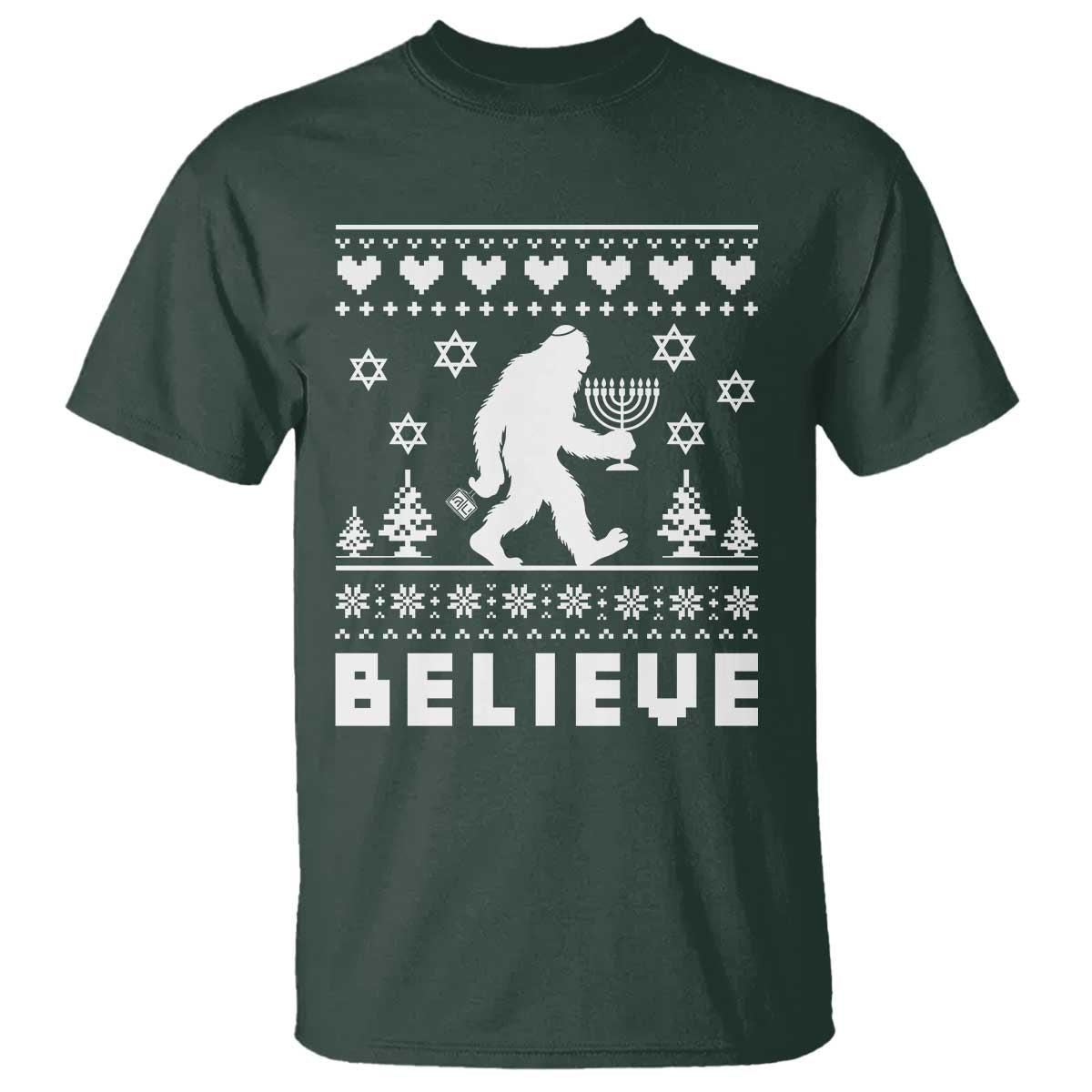 Funny Hanukkah Bigfoot T Shirt Believe Ugly Sweater Jewish Holiday Gift - Wonder Print Shop