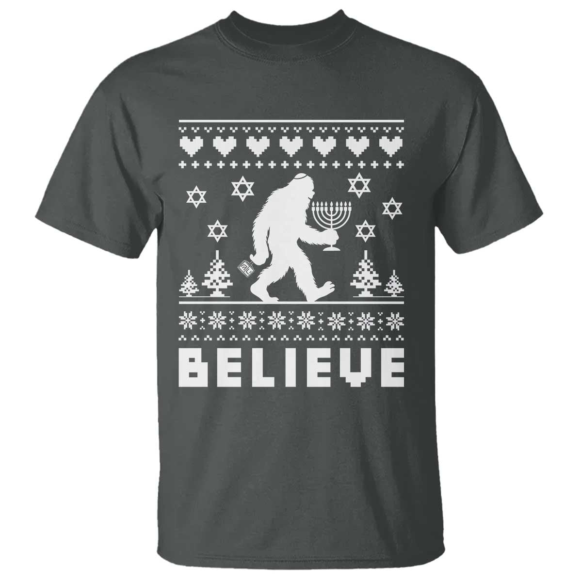 Funny Hanukkah Bigfoot T Shirt Believe Ugly Sweater Jewish Holiday Gift - Wonder Print Shop