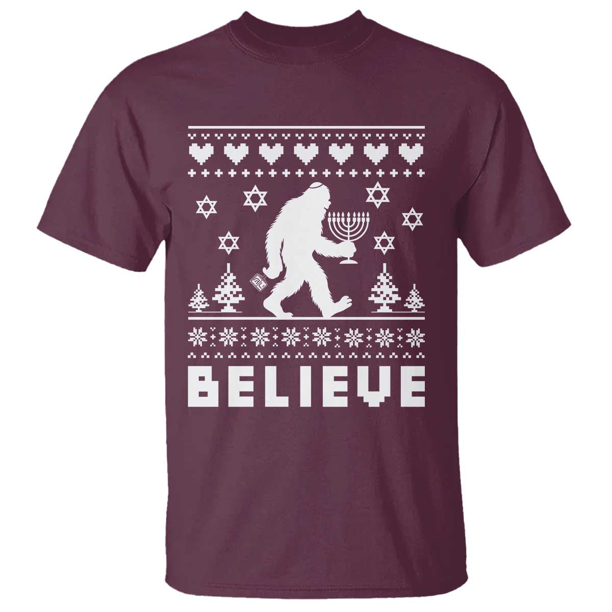 Funny Hanukkah Bigfoot T Shirt Believe Ugly Sweater Jewish Holiday Gift - Wonder Print Shop