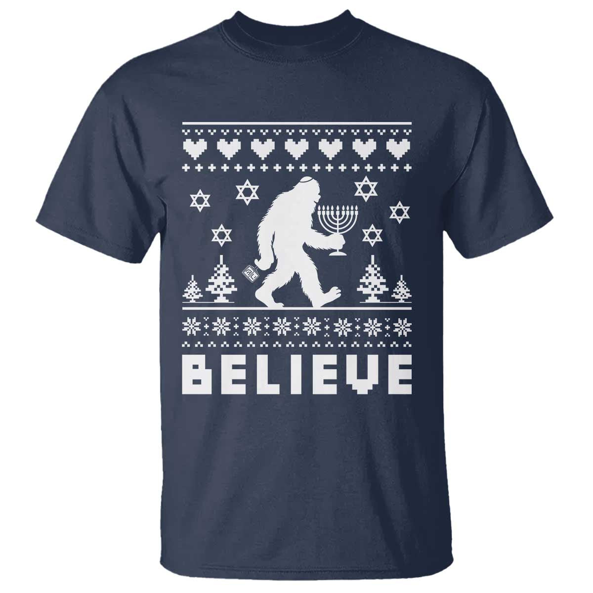 Funny Hanukkah Bigfoot T Shirt Believe Ugly Sweater Jewish Holiday Gift - Wonder Print Shop