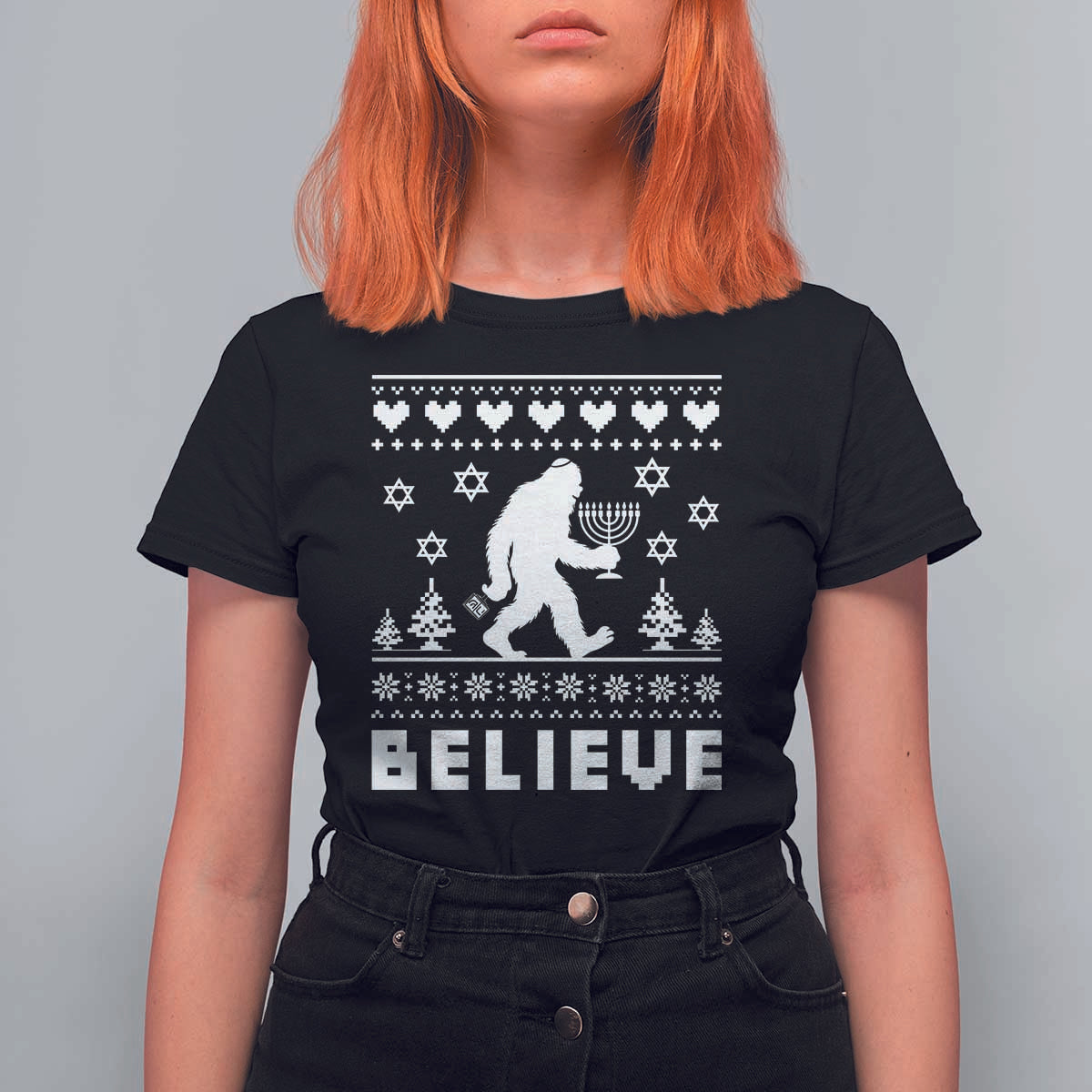 Funny Hanukkah Bigfoot T Shirt For Women Believe Ugly Sweater Jewish Holiday Gift - Wonder Print Shop