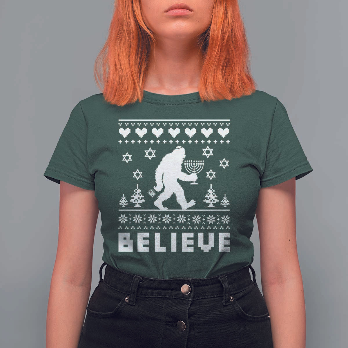 Funny Hanukkah Bigfoot T Shirt For Women Believe Ugly Sweater Jewish Holiday Gift - Wonder Print Shop