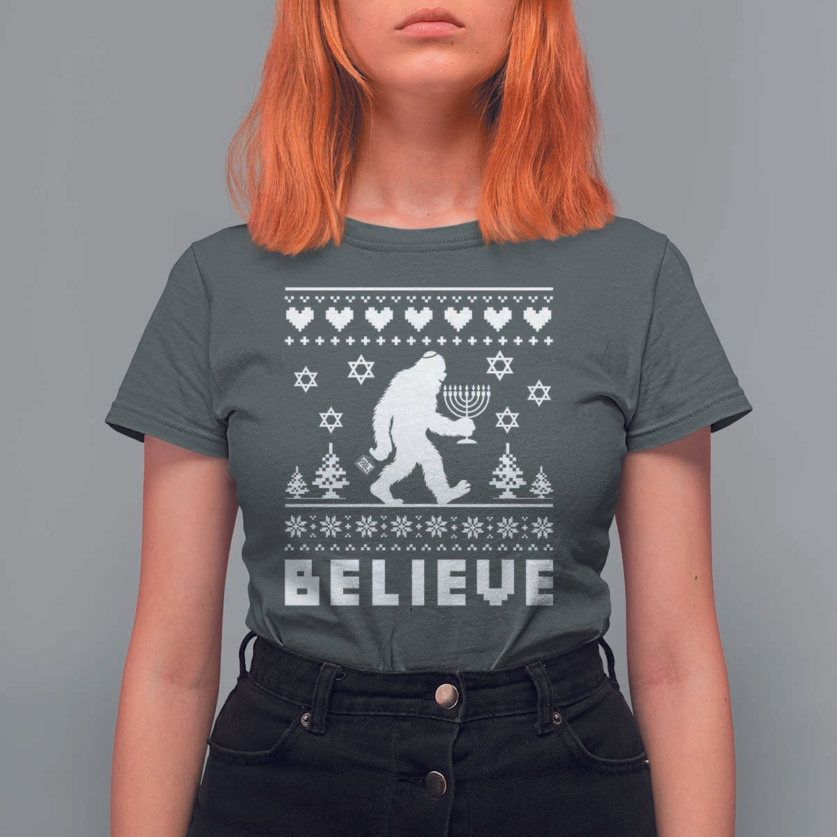 Funny Hanukkah Bigfoot T Shirt For Women Believe Ugly Sweater Jewish Holiday Gift - Wonder Print Shop