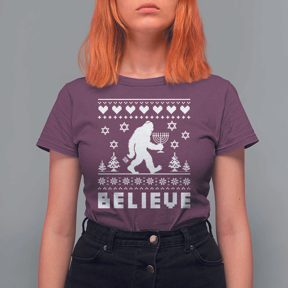 Funny Hanukkah Bigfoot T Shirt For Women Believe Ugly Sweater Jewish Holiday Gift - Wonder Print Shop
