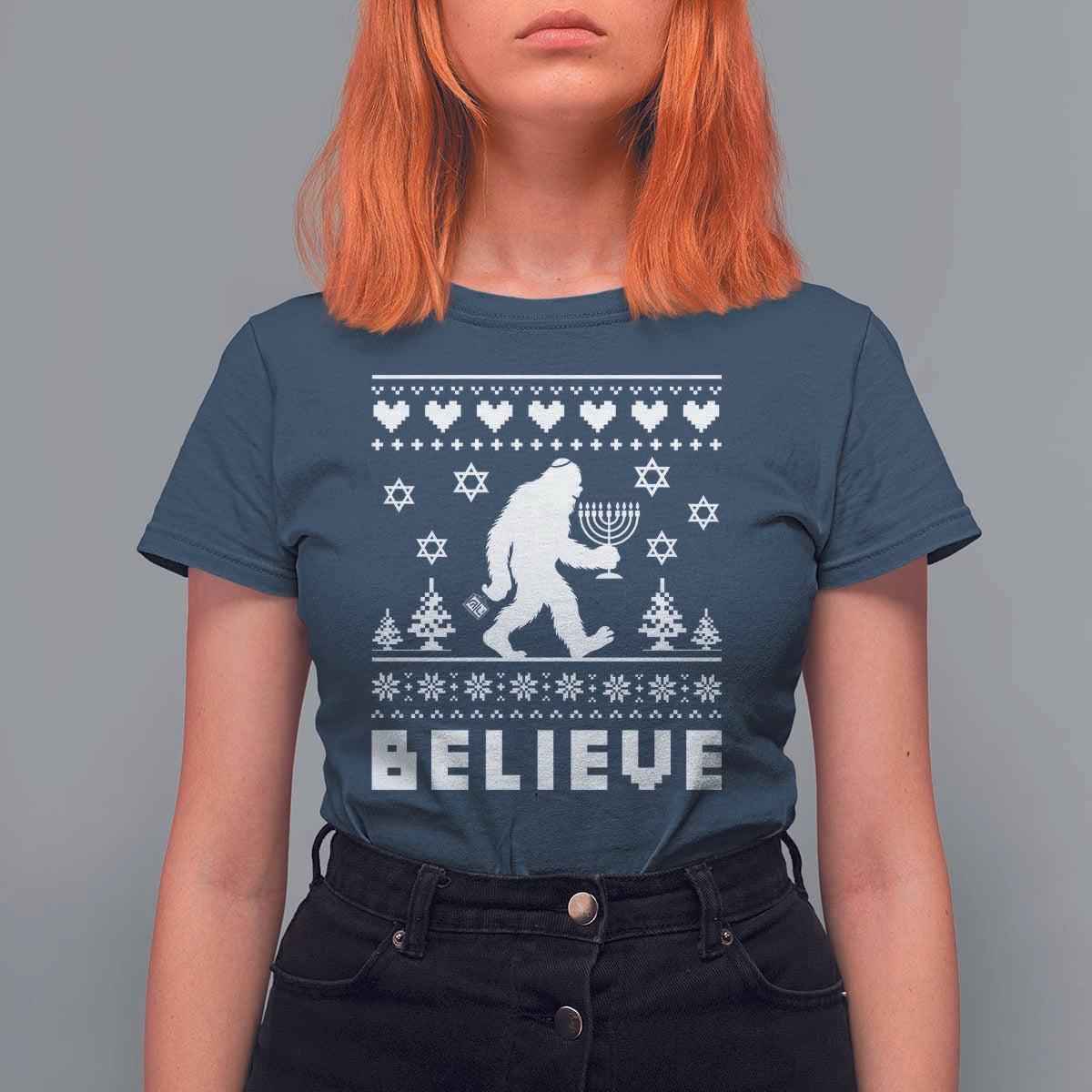 Funny Hanukkah Bigfoot T Shirt For Women Believe Ugly Sweater Jewish Holiday Gift - Wonder Print Shop