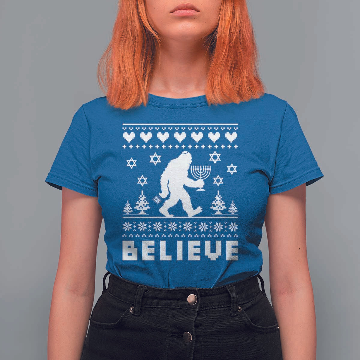 Funny Hanukkah Bigfoot T Shirt For Women Believe Ugly Sweater Jewish Holiday Gift - Wonder Print Shop