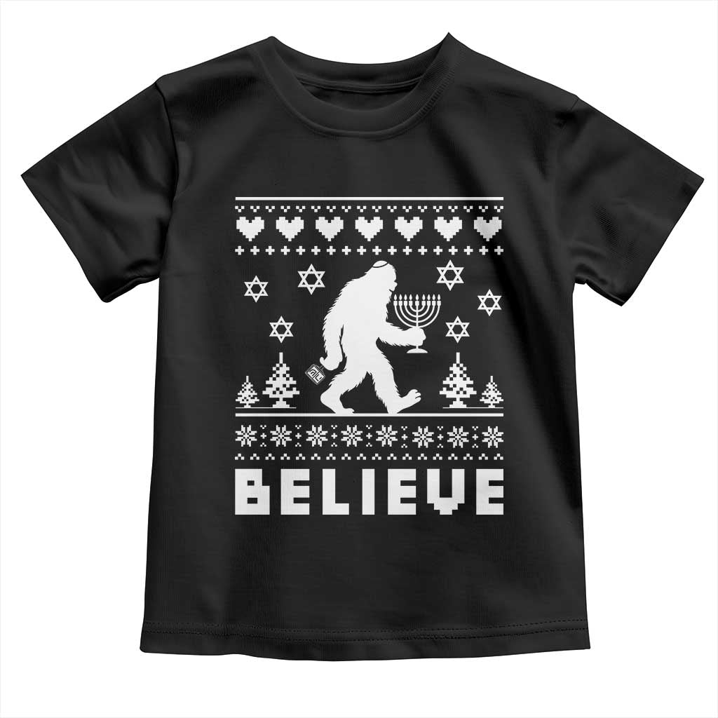 Funny Hanukkah Bigfoot Toddler T Shirt Believe Ugly Sweater Jewish Holiday Gift - Wonder Print Shop
