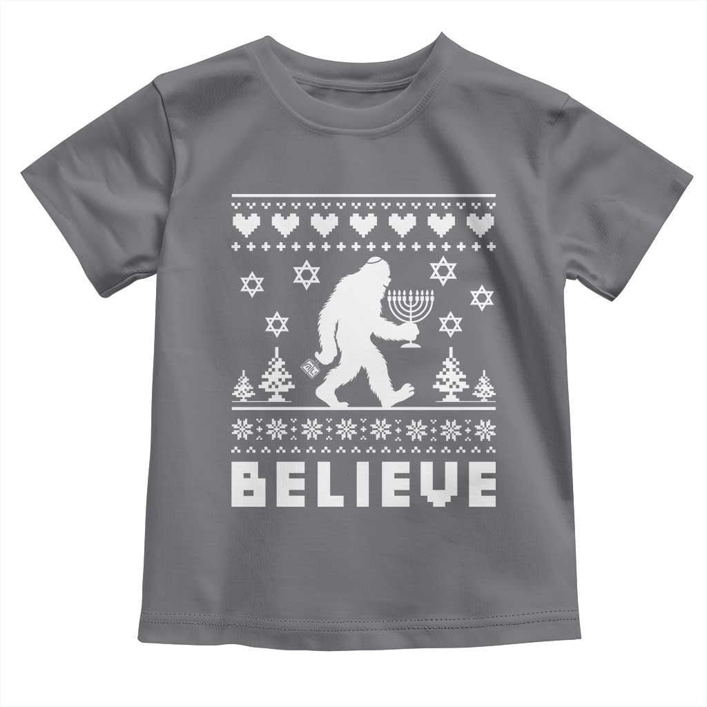 Funny Hanukkah Bigfoot Toddler T Shirt Believe Ugly Sweater Jewish Holiday Gift - Wonder Print Shop