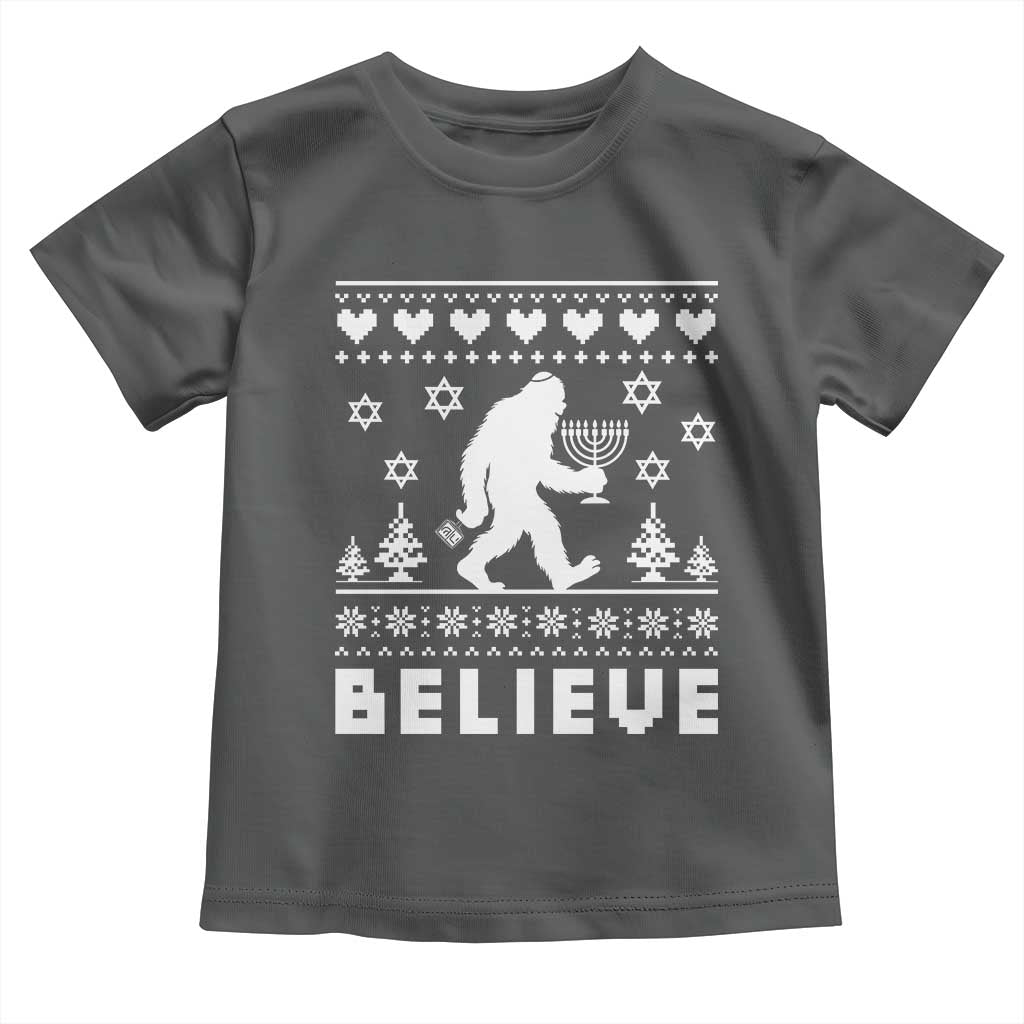 Funny Hanukkah Bigfoot Toddler T Shirt Believe Ugly Sweater Jewish Holiday Gift - Wonder Print Shop