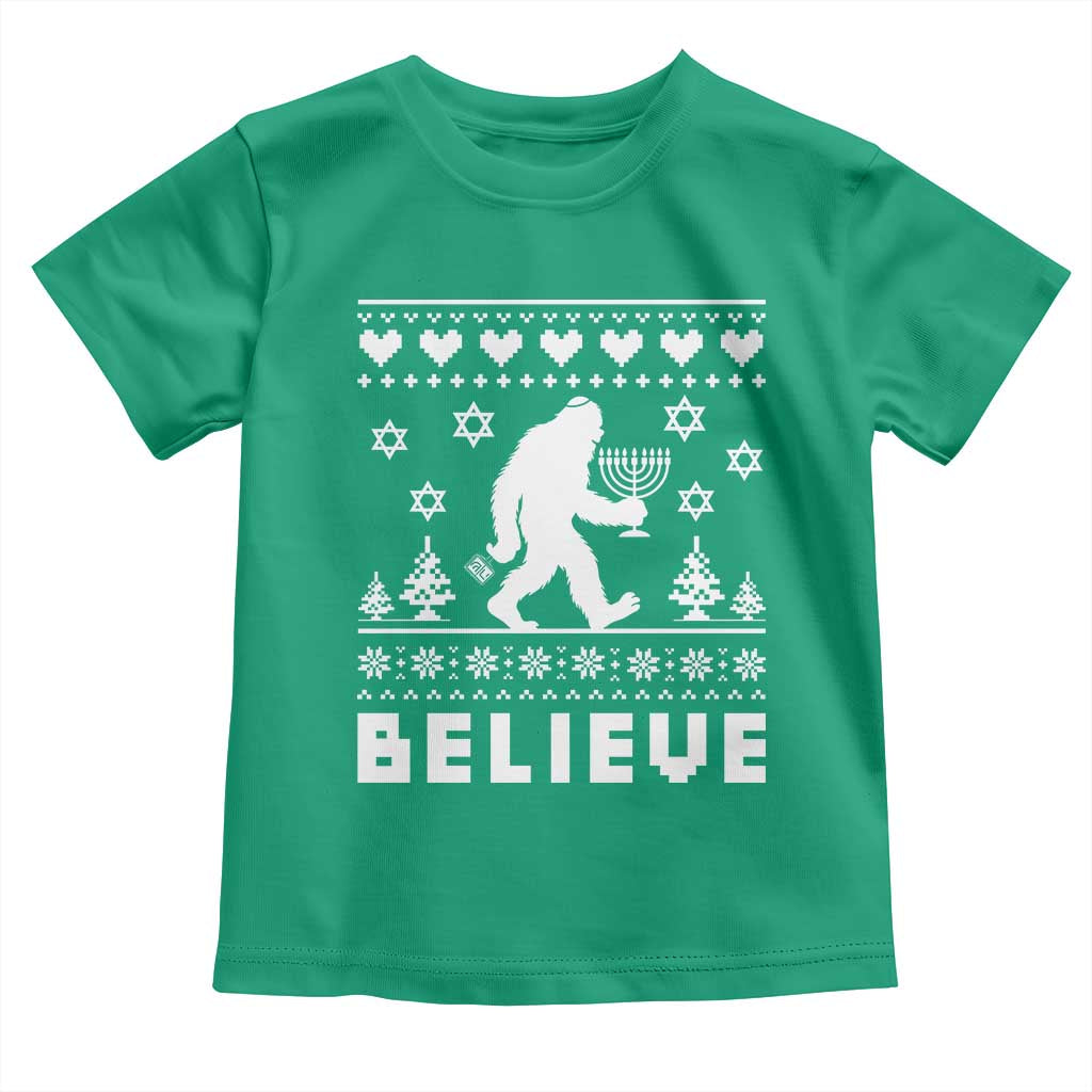 Funny Hanukkah Bigfoot Toddler T Shirt Believe Ugly Sweater Jewish Holiday Gift - Wonder Print Shop