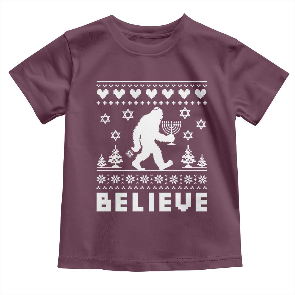Funny Hanukkah Bigfoot Toddler T Shirt Believe Ugly Sweater Jewish Holiday Gift - Wonder Print Shop