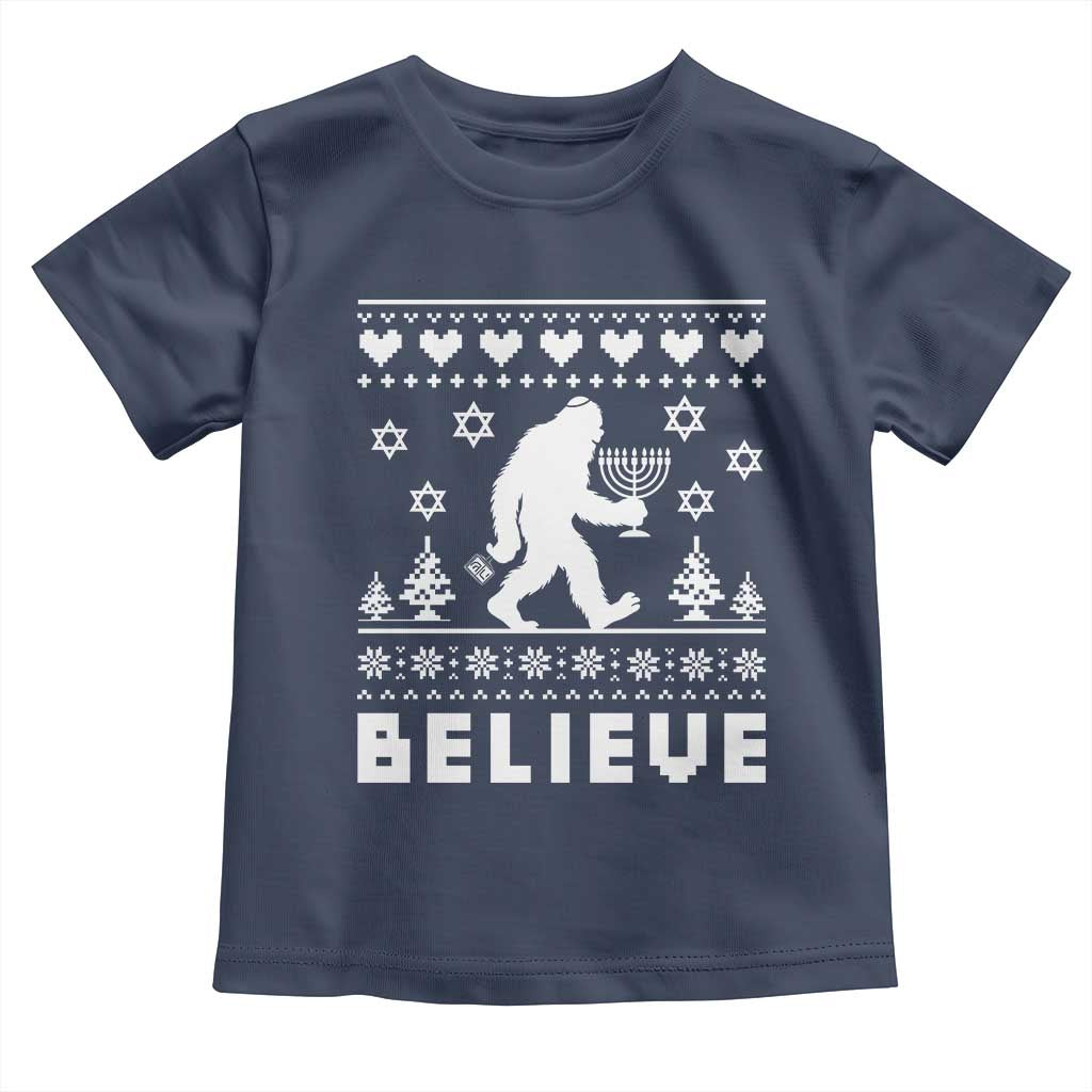 Funny Hanukkah Bigfoot Toddler T Shirt Believe Ugly Sweater Jewish Holiday Gift - Wonder Print Shop