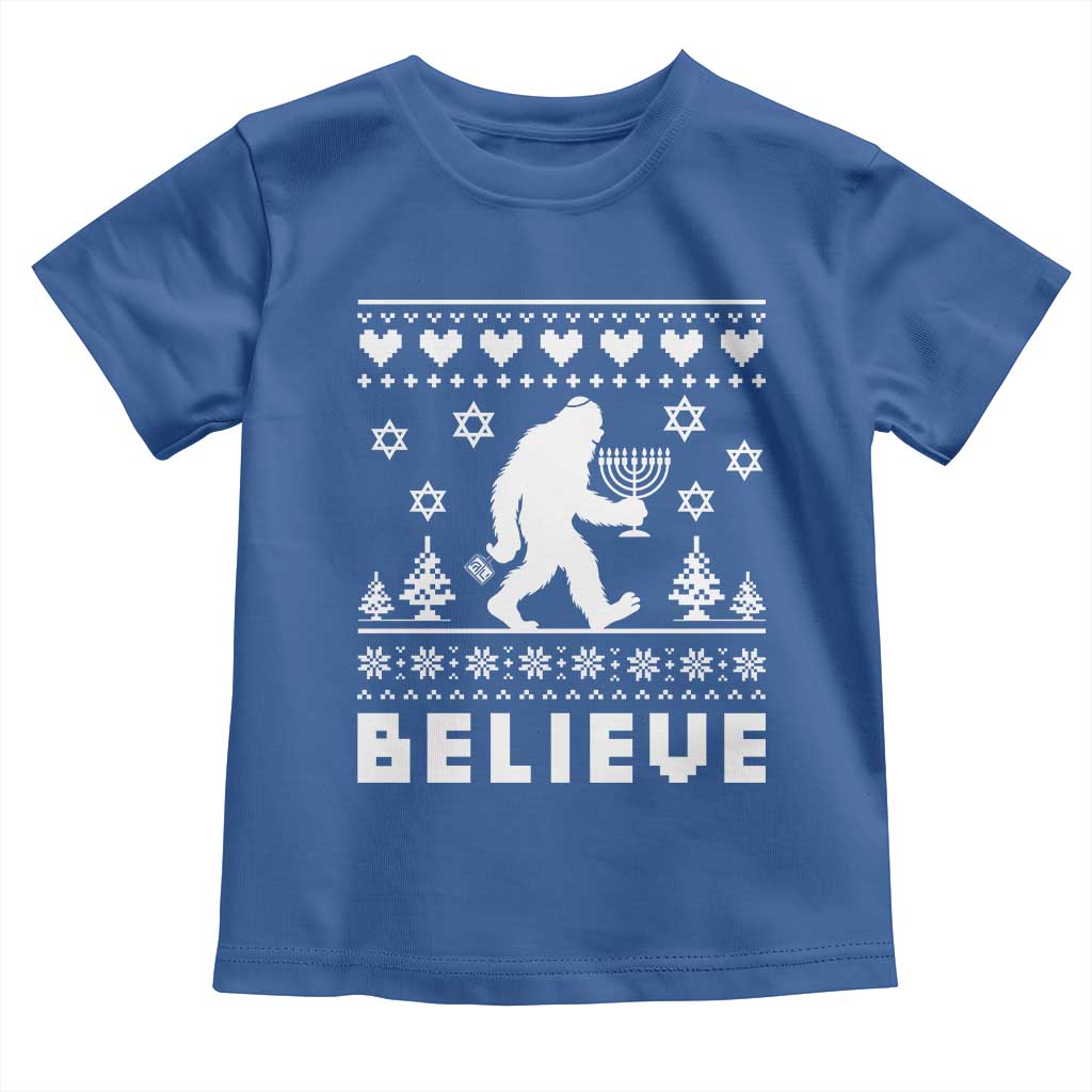 Funny Hanukkah Bigfoot Toddler T Shirt Believe Ugly Sweater Jewish Holiday Gift - Wonder Print Shop