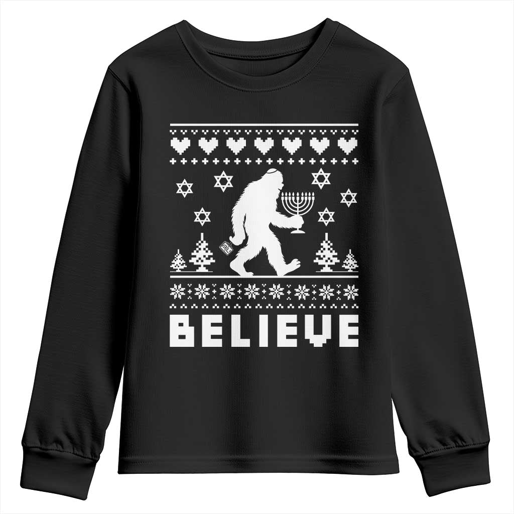 Funny Hanukkah Bigfoot Youth Sweatshirt Believe Ugly Sweater Jewish Holiday Gift - Wonder Print Shop