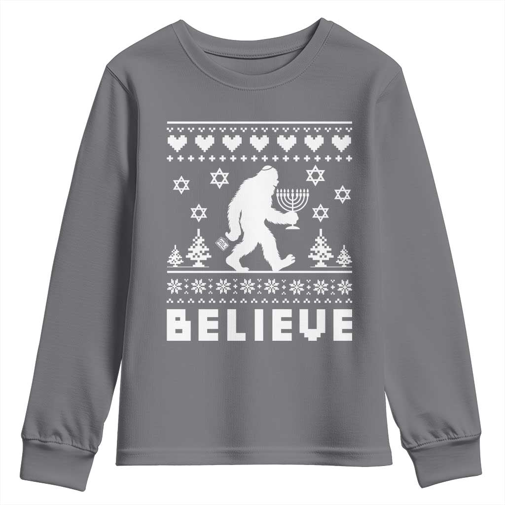 Funny Hanukkah Bigfoot Youth Sweatshirt Believe Ugly Sweater Jewish Holiday Gift - Wonder Print Shop