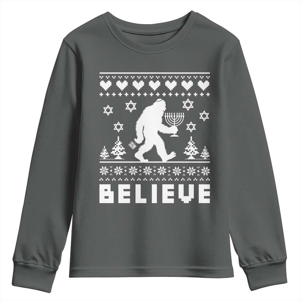 Funny Hanukkah Bigfoot Youth Sweatshirt Believe Ugly Sweater Jewish Holiday Gift - Wonder Print Shop