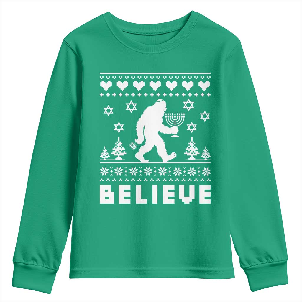Funny Hanukkah Bigfoot Youth Sweatshirt Believe Ugly Sweater Jewish Holiday Gift - Wonder Print Shop