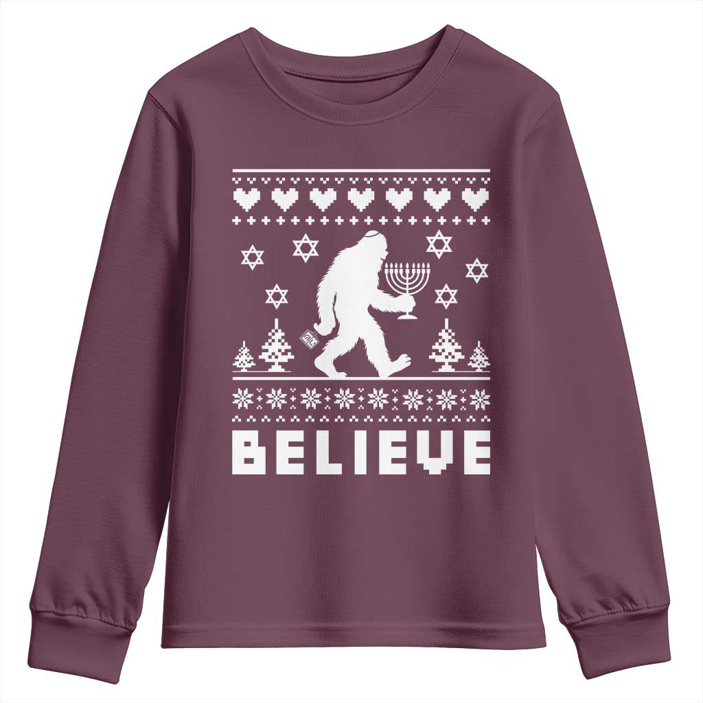 Funny Hanukkah Bigfoot Youth Sweatshirt Believe Ugly Sweater Jewish Holiday Gift - Wonder Print Shop