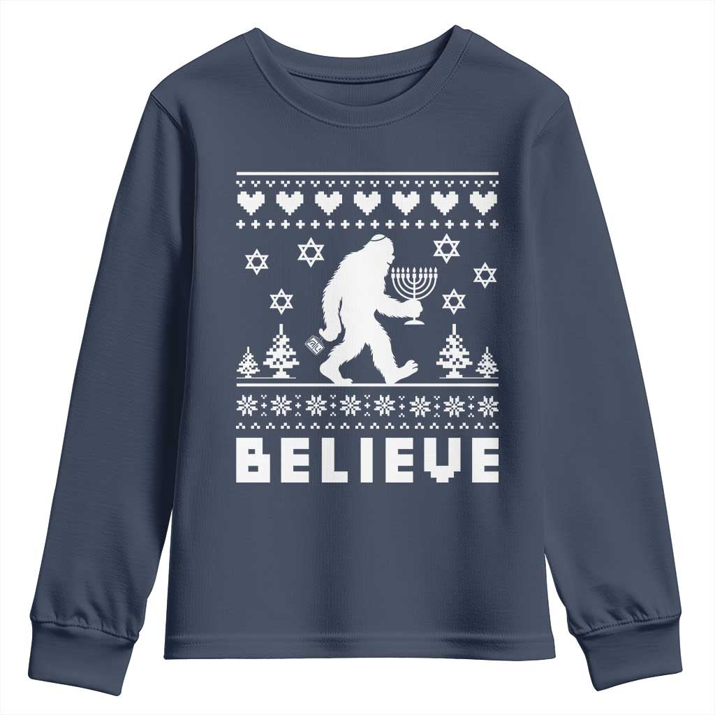 Funny Hanukkah Bigfoot Youth Sweatshirt Believe Ugly Sweater Jewish Holiday Gift - Wonder Print Shop
