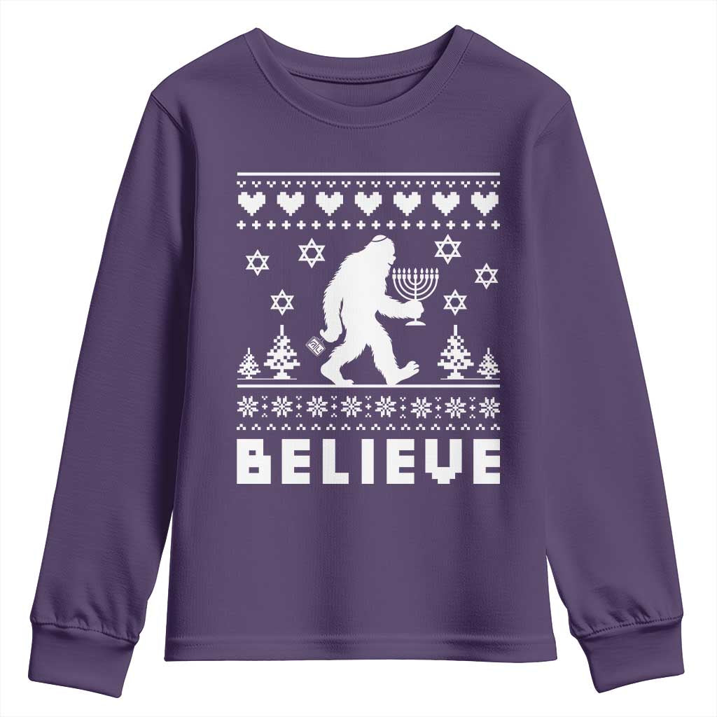 Funny Hanukkah Bigfoot Youth Sweatshirt Believe Ugly Sweater Jewish Holiday Gift - Wonder Print Shop