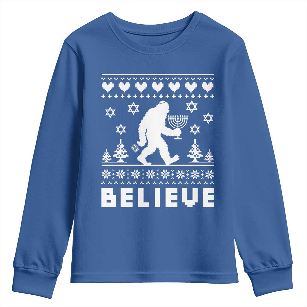 Funny Hanukkah Bigfoot Youth Sweatshirt Believe Ugly Sweater Jewish Holiday Gift - Wonder Print Shop