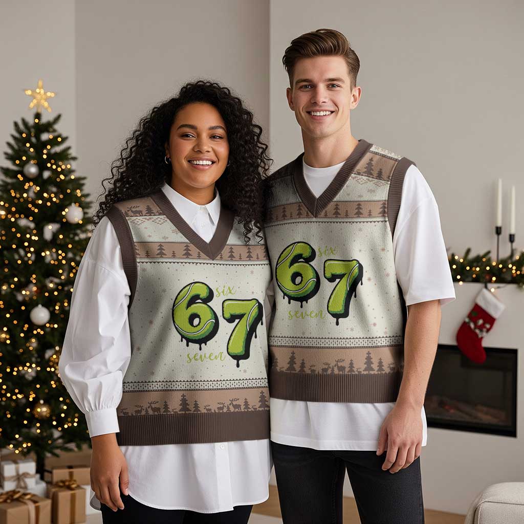 Six Seven Meme Tennis Lover V-Neck Knit Sweater Vest Gen Alpha Slang Gift - Wonder Print Shop