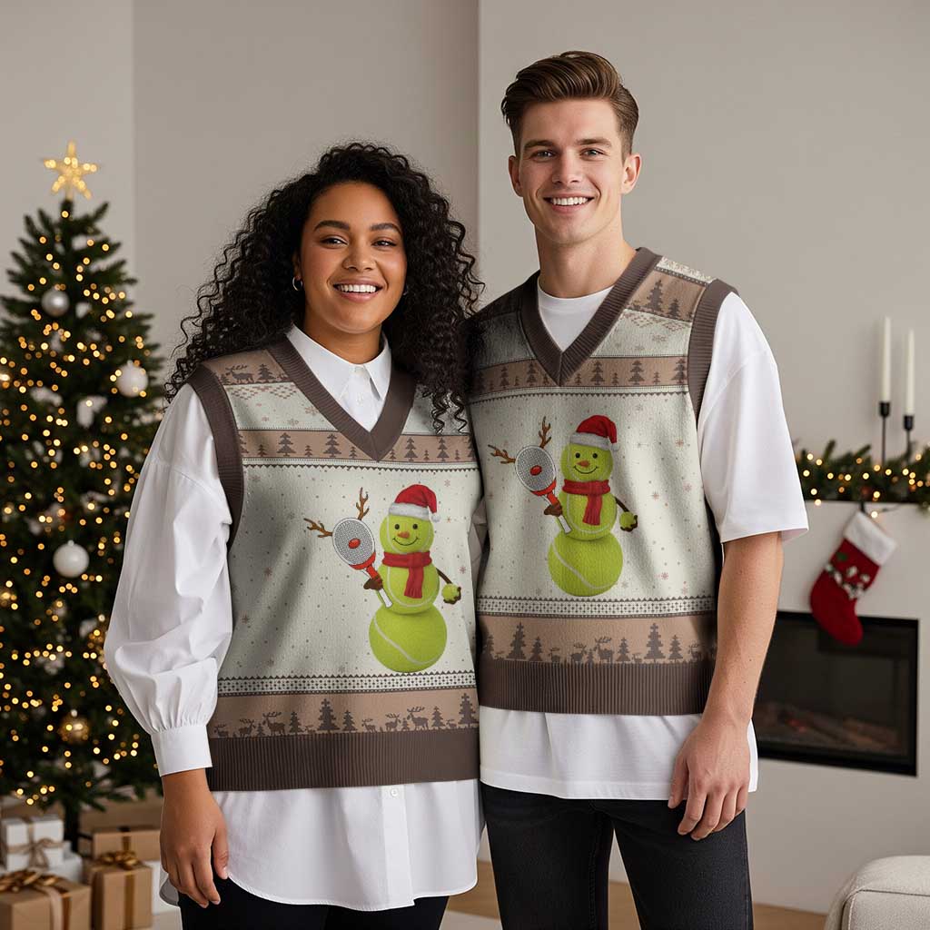 Funny Christmas Tennis Snowman V-Neck Knit Sweater Vest Tennis Lover Gift - Wonder Print Shop