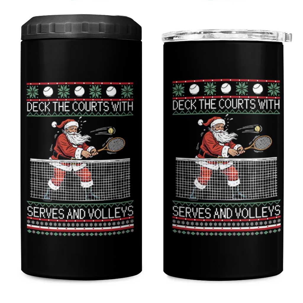 Deck The Courts With Serves And Volleys 4 in 1 Can Cooler Tumbler Funny Tennis Ugly Christmas - Wonder Print Shop