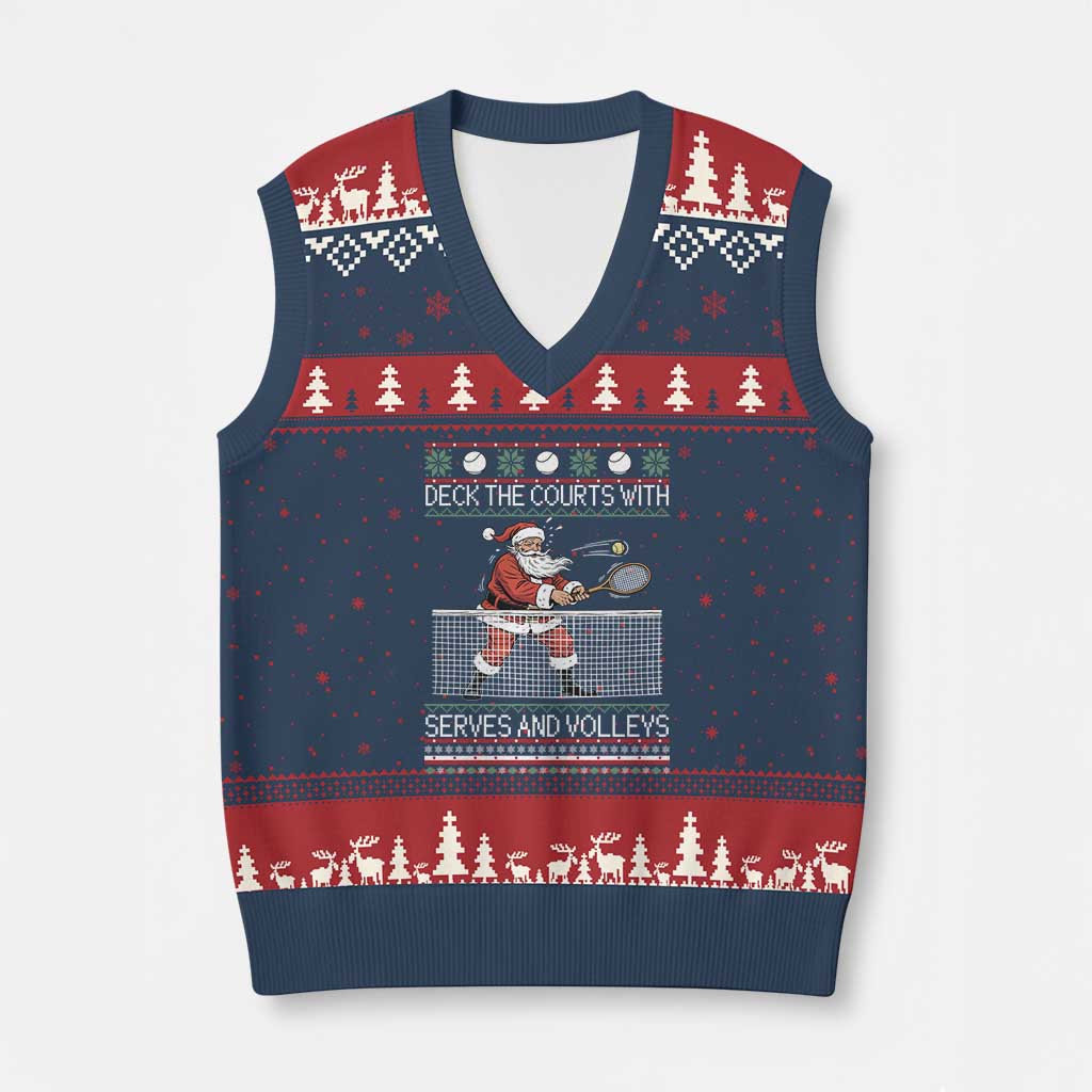 Deck The Courts With Serves And Volleys V-Neck Knit Sweater Vest Funny Tennis Ugly Christmas - Wonder Print Shop