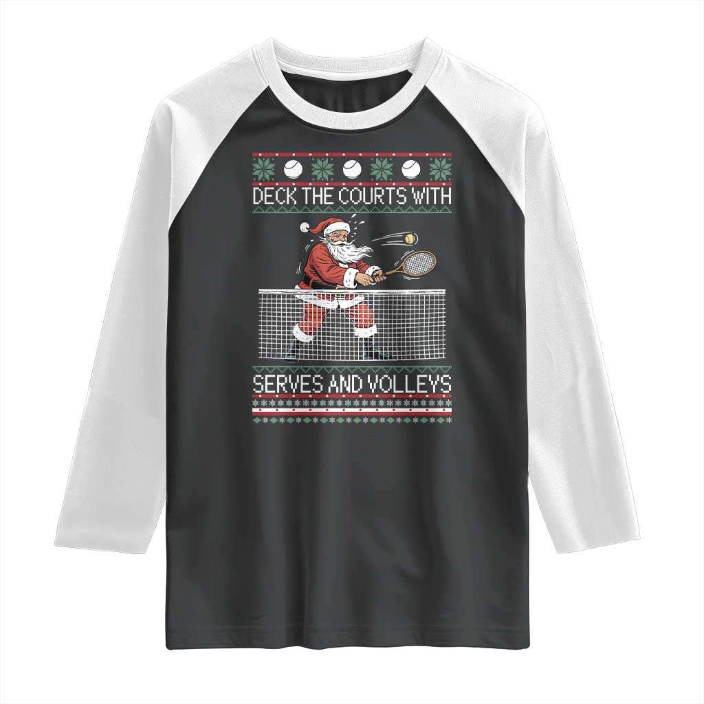 Deck The Courts With Serves And Volleys Raglan Shirt Funny Tennis Ugly Christmas - Wonder Print Shop