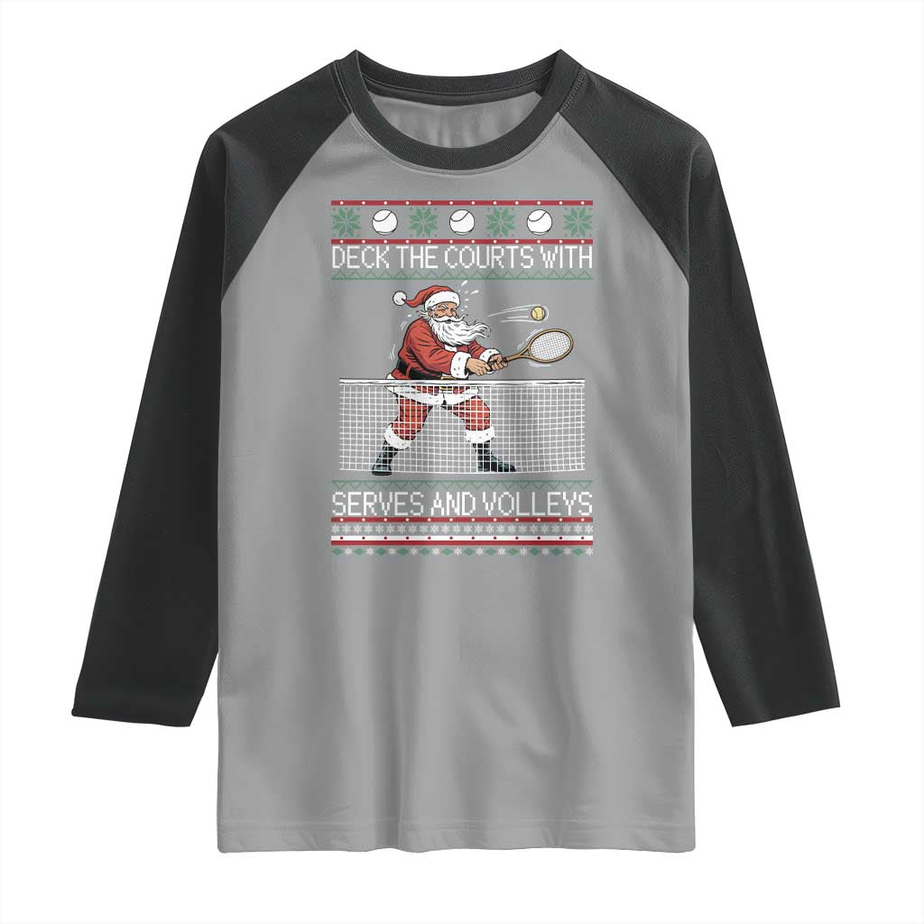 Deck The Courts With Serves And Volleys Raglan Shirt Funny Tennis Ugly Christmas - Wonder Print Shop