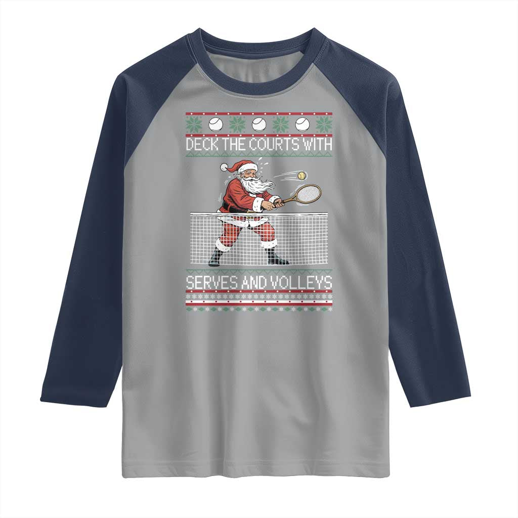 Deck The Courts With Serves And Volleys Raglan Shirt Funny Tennis Ugly Christmas - Wonder Print Shop