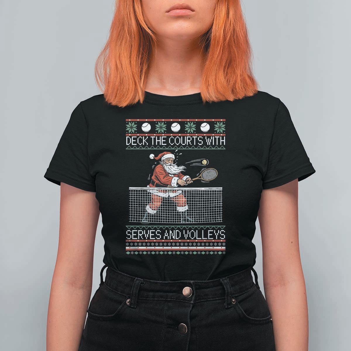 Deck The Courts With Serves And Volleys T Shirt For Women Funny Tennis Ugly Christmas - Wonder Print Shop