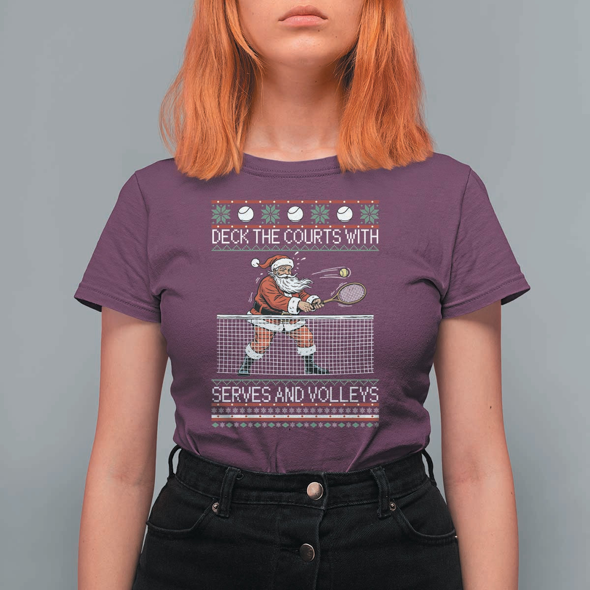 Deck The Courts With Serves And Volleys T Shirt For Women Funny Tennis Ugly Christmas - Wonder Print Shop