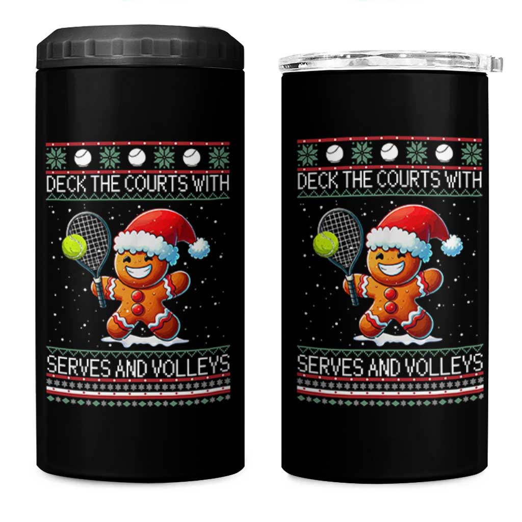Funny Tennis Ugly Christmas Gingerbread Player Gift 4 in 1 Can Cooler Tumbler Deck The Courts With Serves And Volleys - Wonder Print Shop