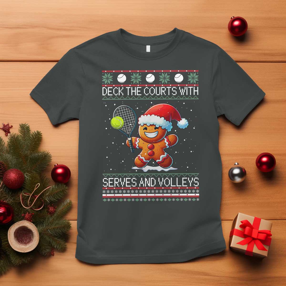 Funny Tennis Ugly Christmas Gingerbread Player Gift T Shirt Deck The Courts With Serves And Volleys - Wonder Print Shop