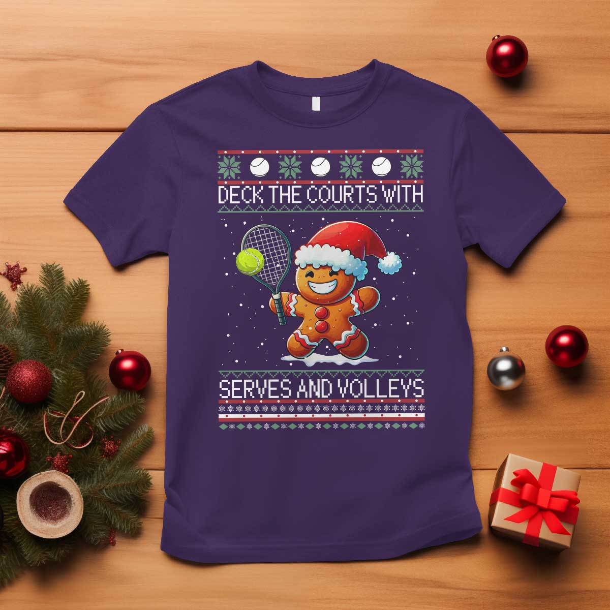 Funny Tennis Ugly Christmas Gingerbread Player Gift T Shirt Deck The Courts With Serves And Volleys - Wonder Print Shop
