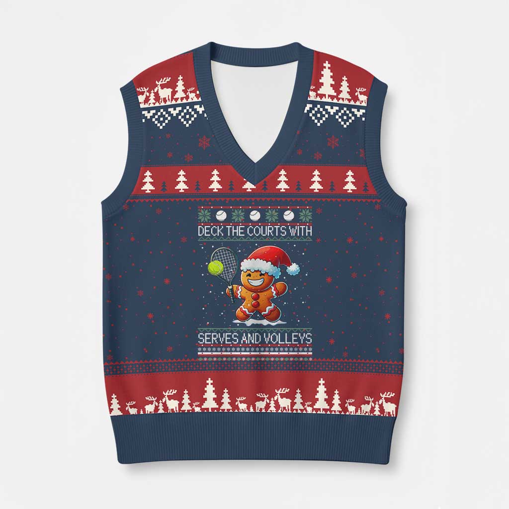 Funny Tennis Ugly Christmas Gingerbread Player Gift V-Neck Knit Sweater Vest Deck The Courts With Serves And Volleys - Wonder Print Shop