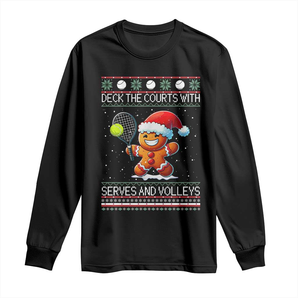 Funny Tennis Ugly Christmas Gingerbread Player Gift Long Sleeve Shirt Deck The Courts With Serves And Volleys - Wonder Print Shop