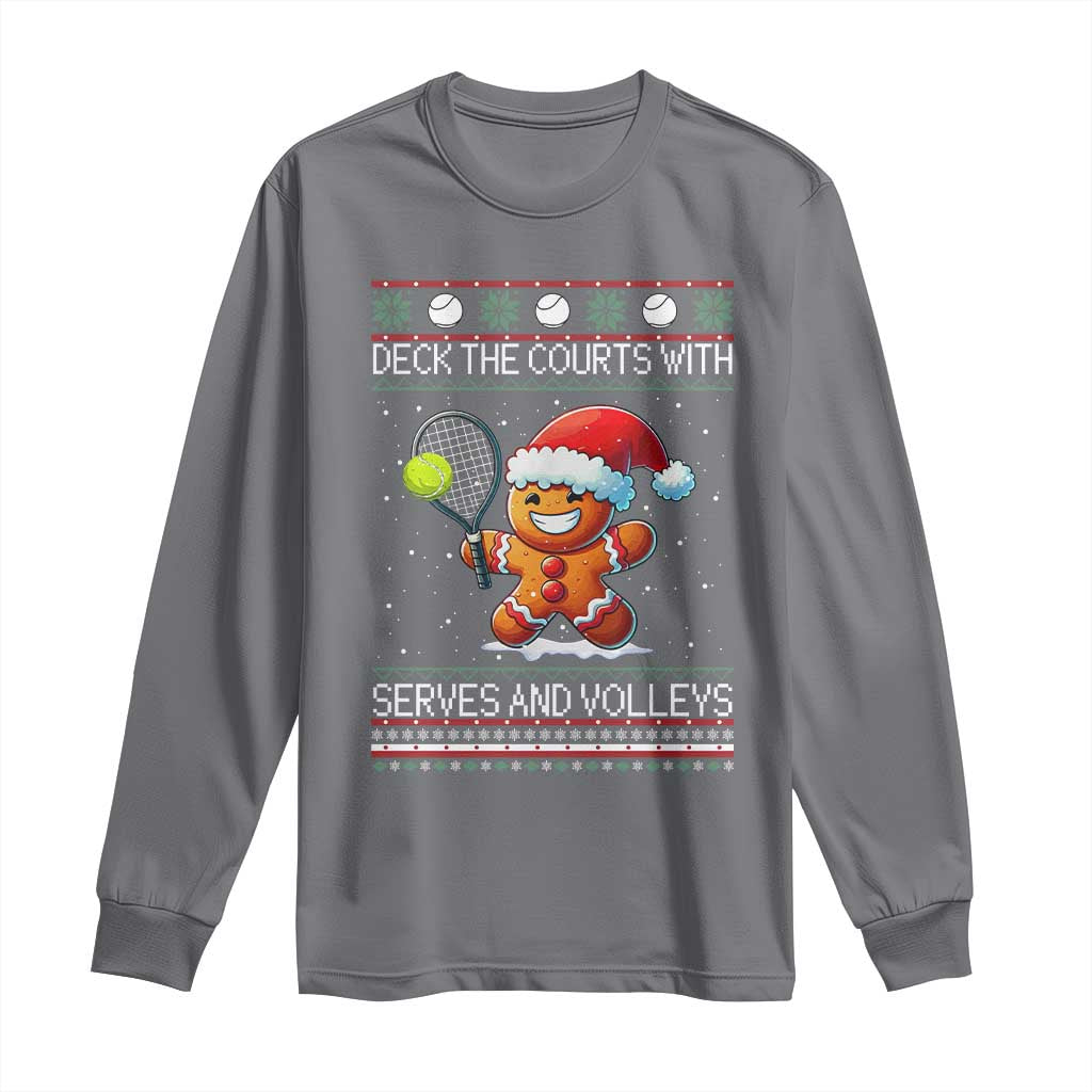 Funny Tennis Ugly Christmas Gingerbread Player Gift Long Sleeve Shirt Deck The Courts With Serves And Volleys - Wonder Print Shop