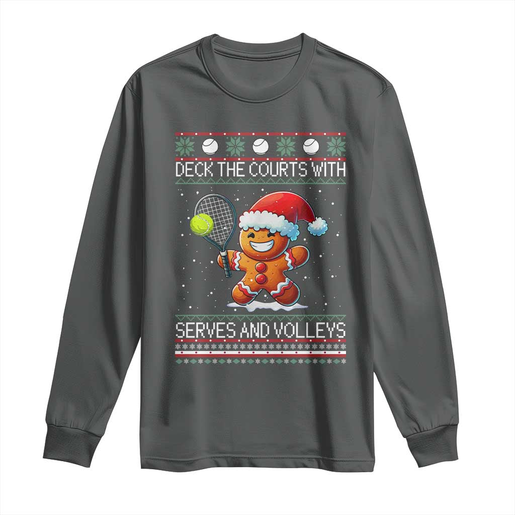 Funny Tennis Ugly Christmas Gingerbread Player Gift Long Sleeve Shirt Deck The Courts With Serves And Volleys - Wonder Print Shop