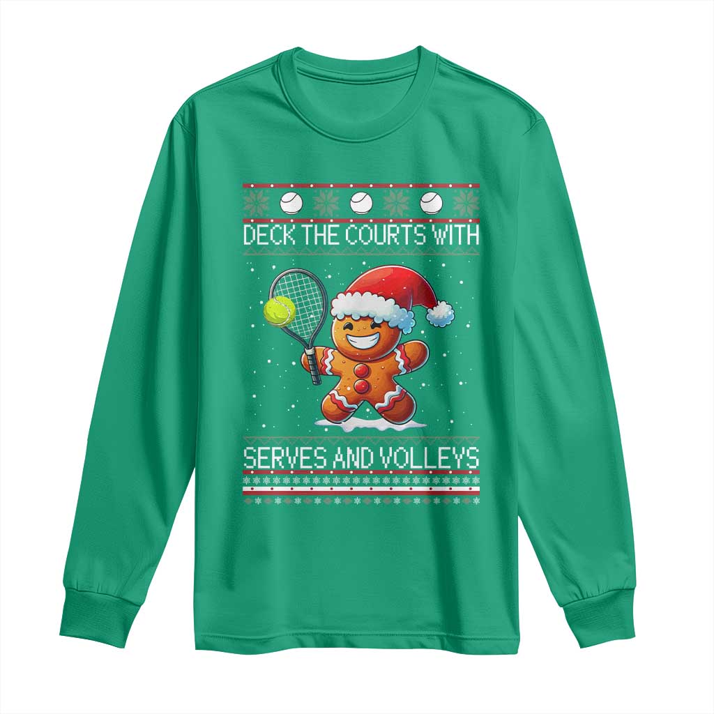 Funny Tennis Ugly Christmas Gingerbread Player Gift Long Sleeve Shirt Deck The Courts With Serves And Volleys - Wonder Print Shop