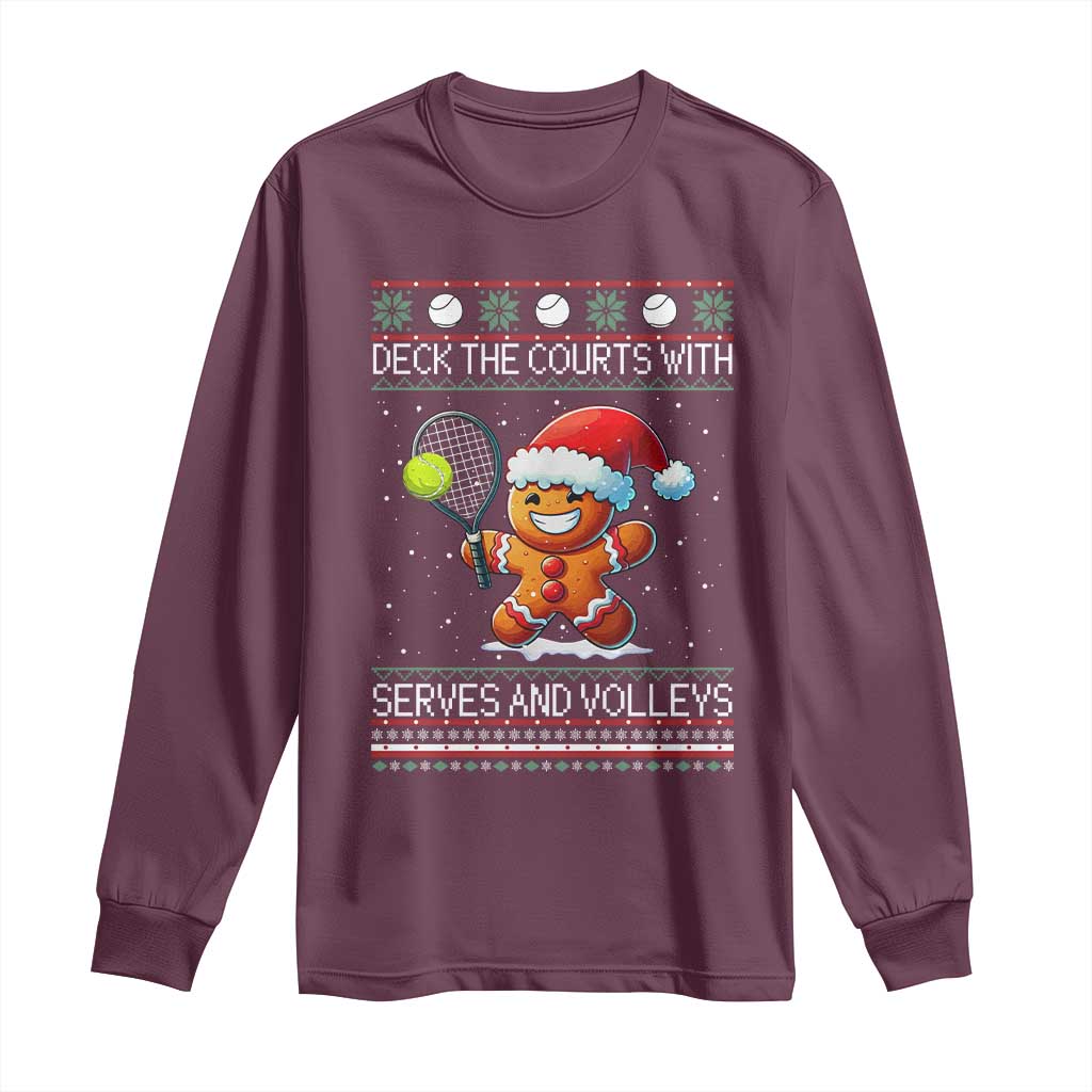 Funny Tennis Ugly Christmas Gingerbread Player Gift Long Sleeve Shirt Deck The Courts With Serves And Volleys - Wonder Print Shop