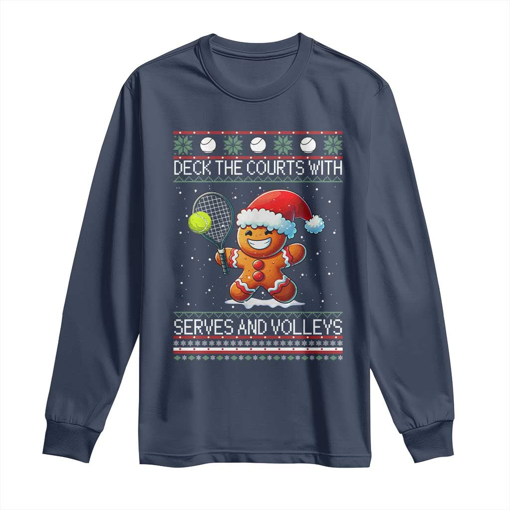 Funny Tennis Ugly Christmas Gingerbread Player Gift Long Sleeve Shirt Deck The Courts With Serves And Volleys - Wonder Print Shop