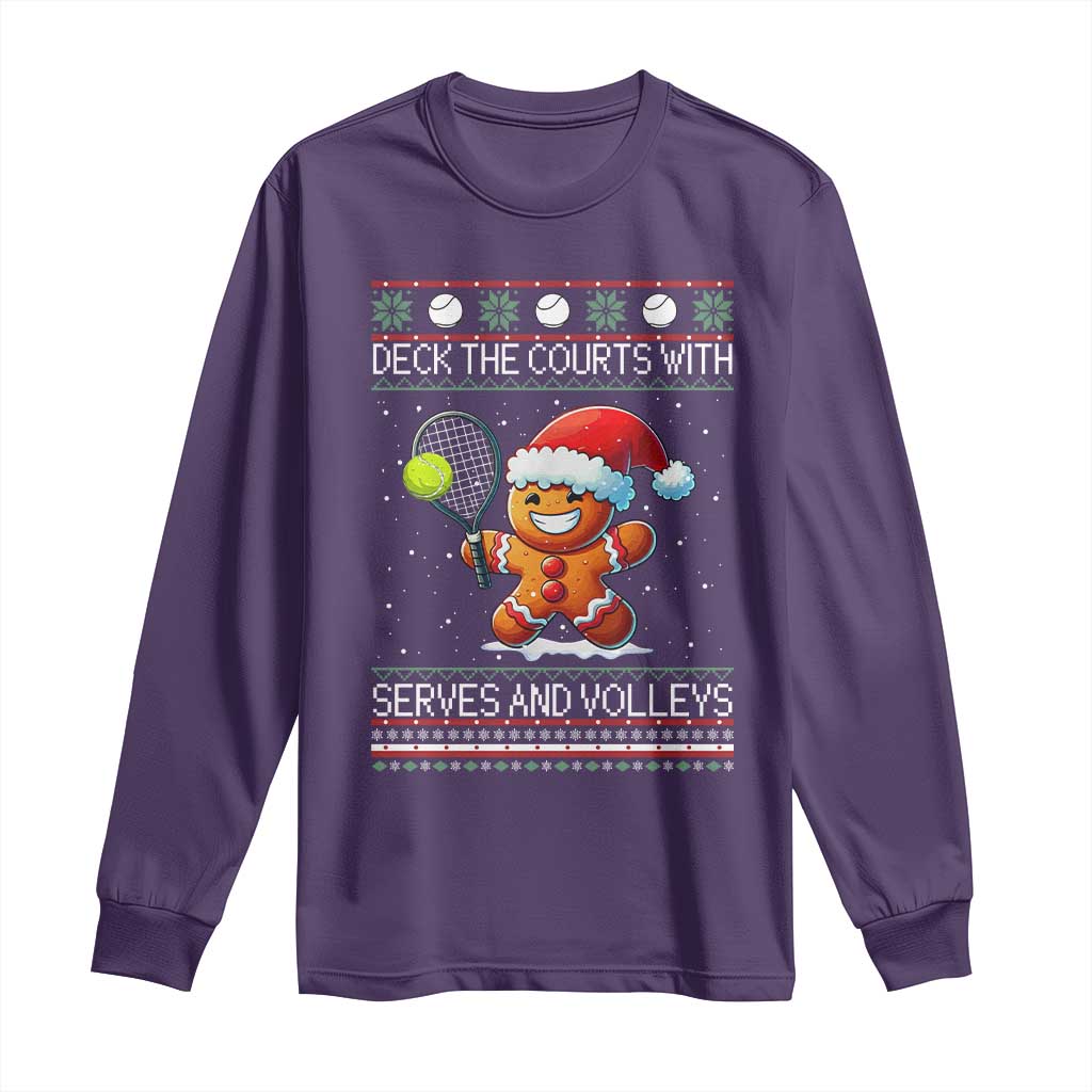 Funny Tennis Ugly Christmas Gingerbread Player Gift Long Sleeve Shirt Deck The Courts With Serves And Volleys - Wonder Print Shop
