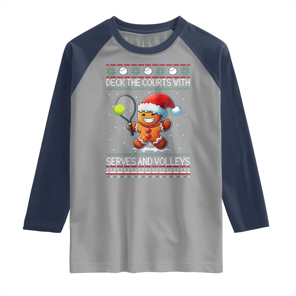 Funny Tennis Ugly Christmas Gingerbread Player Gift Raglan Shirt Deck The Courts With Serves And Volleys - Wonder Print Shop