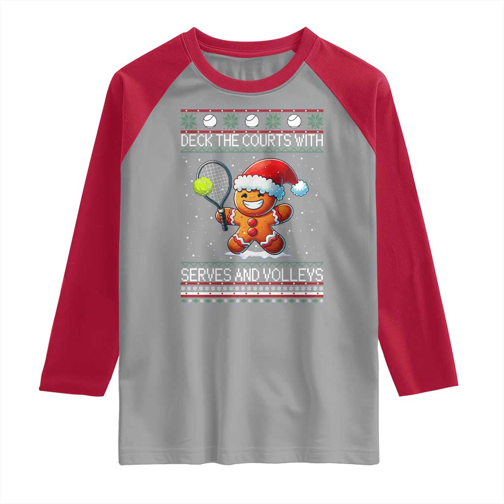 Funny Tennis Ugly Christmas Gingerbread Player Gift Raglan Shirt Deck The Courts With Serves And Volleys - Wonder Print Shop