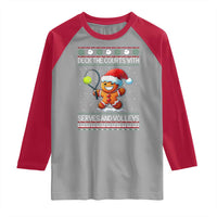 Funny Tennis Ugly Christmas Gingerbread Player Gift Raglan Shirt Deck The Courts With Serves And Volleys - Wonder Print Shop