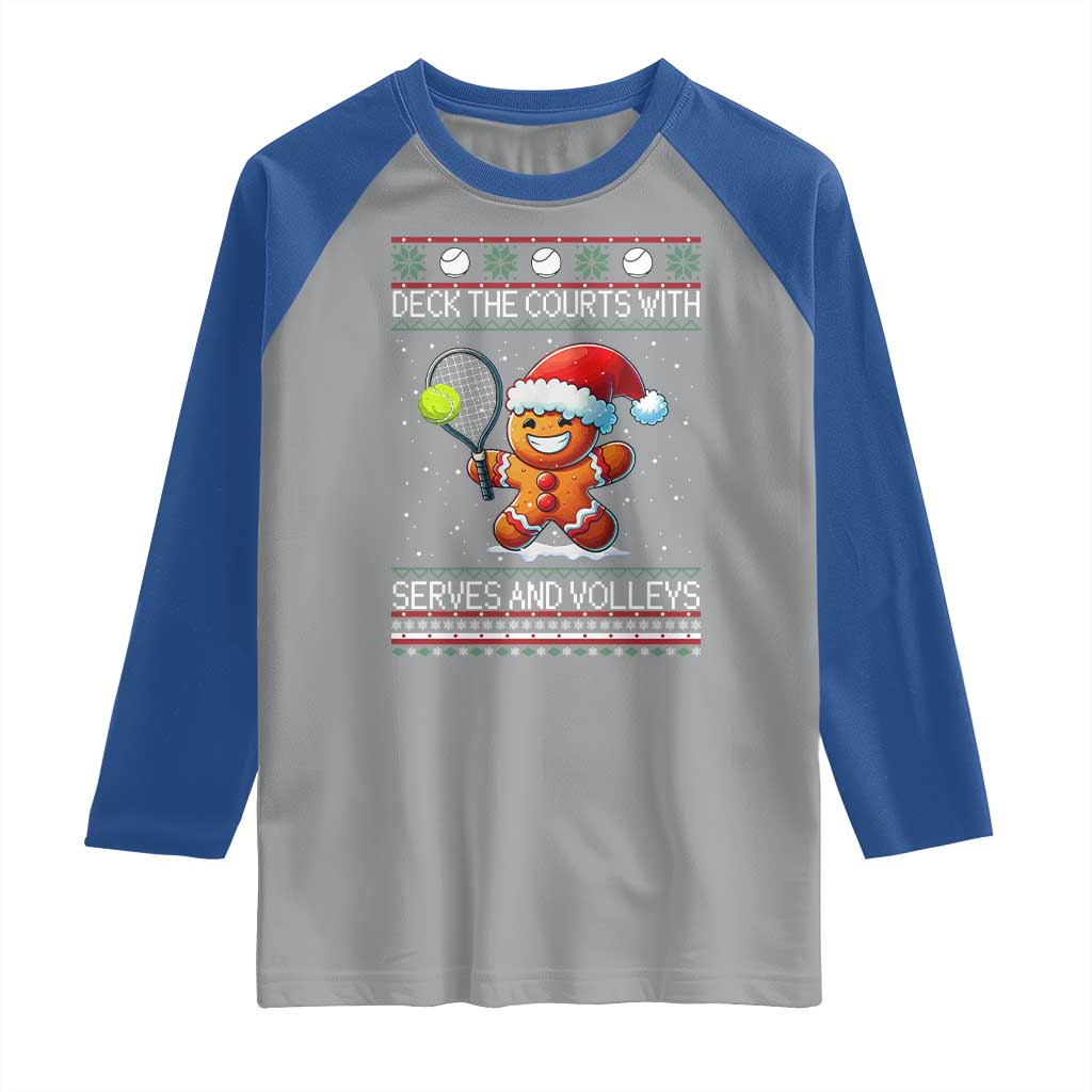 Funny Tennis Ugly Christmas Gingerbread Player Gift Raglan Shirt Deck The Courts With Serves And Volleys - Wonder Print Shop