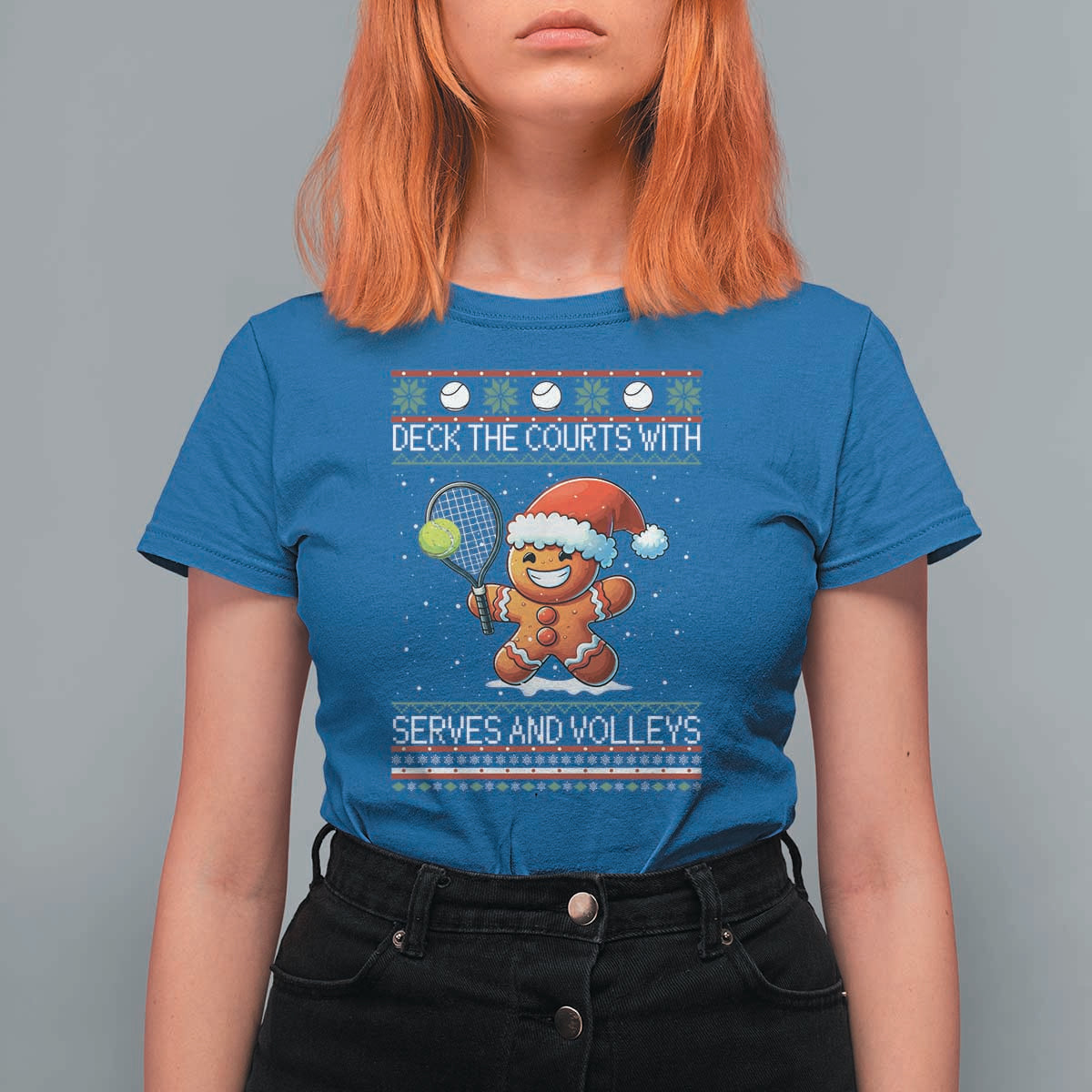 Funny Tennis Ugly Christmas Gingerbread Player Gift T Shirt For Women Deck The Courts With Serves And Volleys - Wonder Print Shop